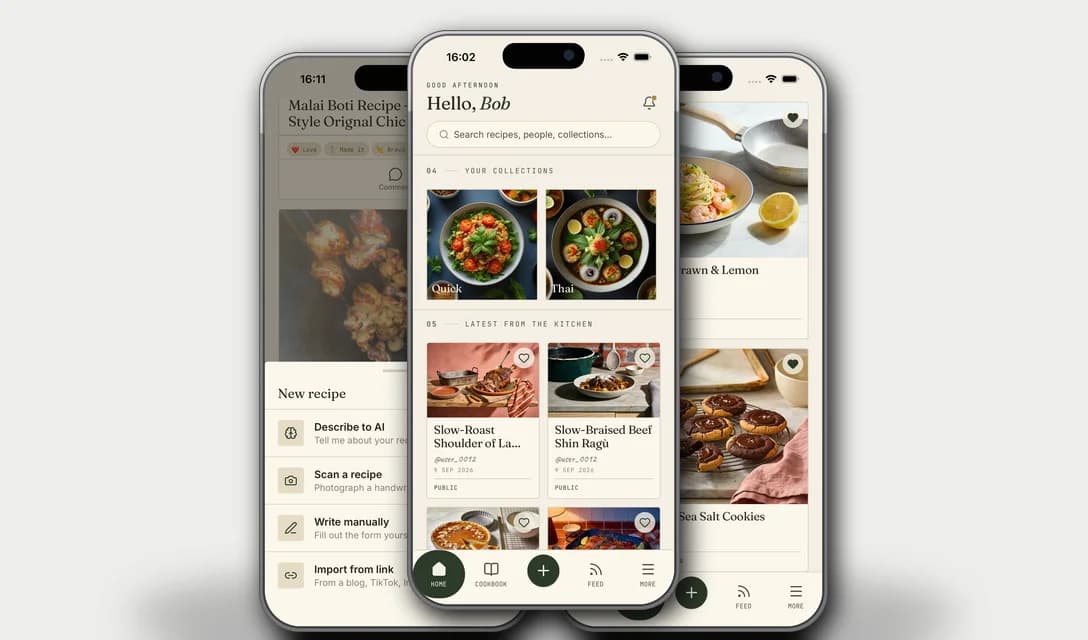 Three iPhone screens showing the app's home feed, saved recipe collections, and a cookbook grid of published recipes with photos and ingredient details